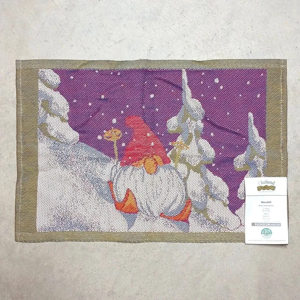 NWT Ekelund Master Weavers Tea Kitchen Towel Wall Hang Gnome Skiing Winter Show